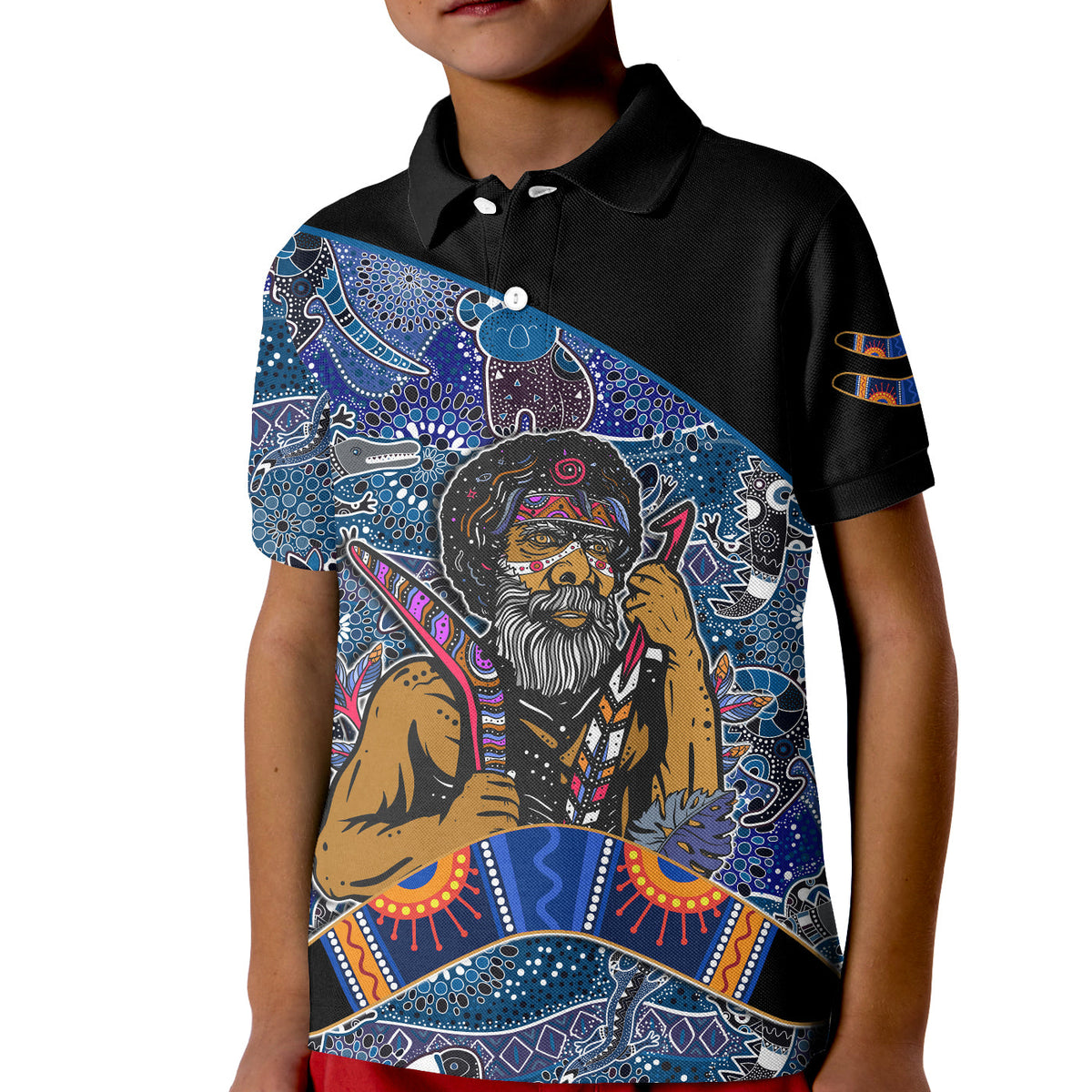 australian-boomerang-polo-shirt-kid-indigenous-australia-blue-graceful