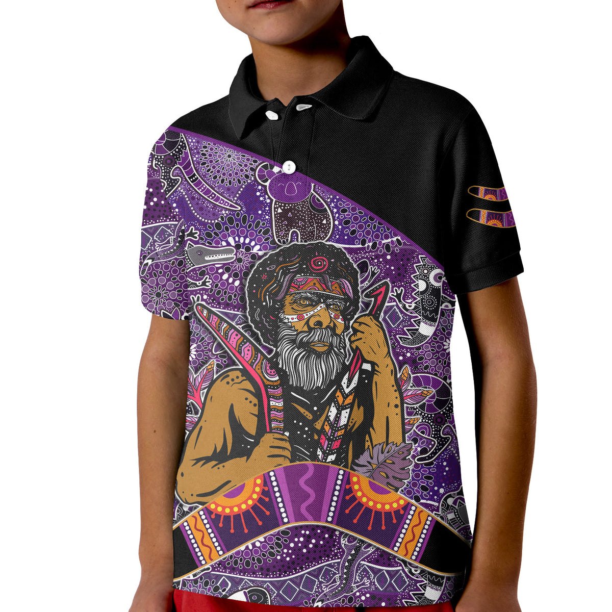 australian-boomerang-polo-shirt-kid-indigenous-australia-purple-graceful