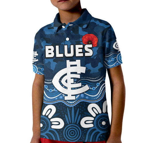 custom-text-and-number-blues-anzac-2022-polo-shirt-kid-carlton-football-aboriginal-poppy