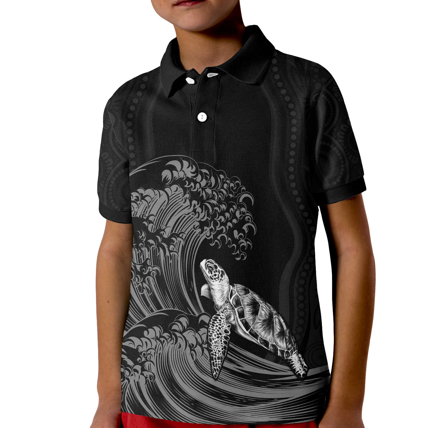 torres-strait-islands-polo-shirt-kid-the-dhari-mix-aboriginal-turtle-version-black