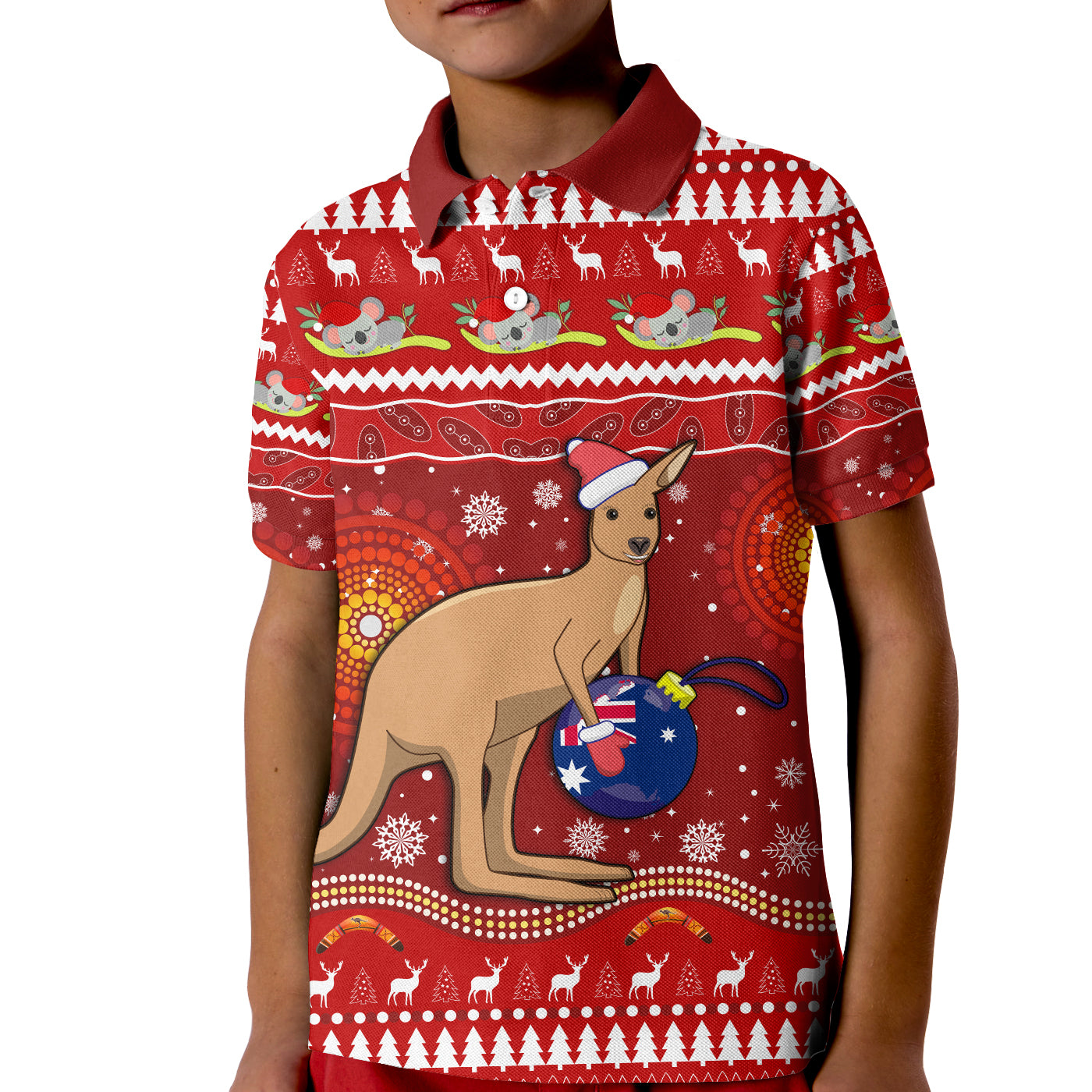 custom-personalised-australia-christmas-polo-shirt-kid-aboriginal-kangaroo