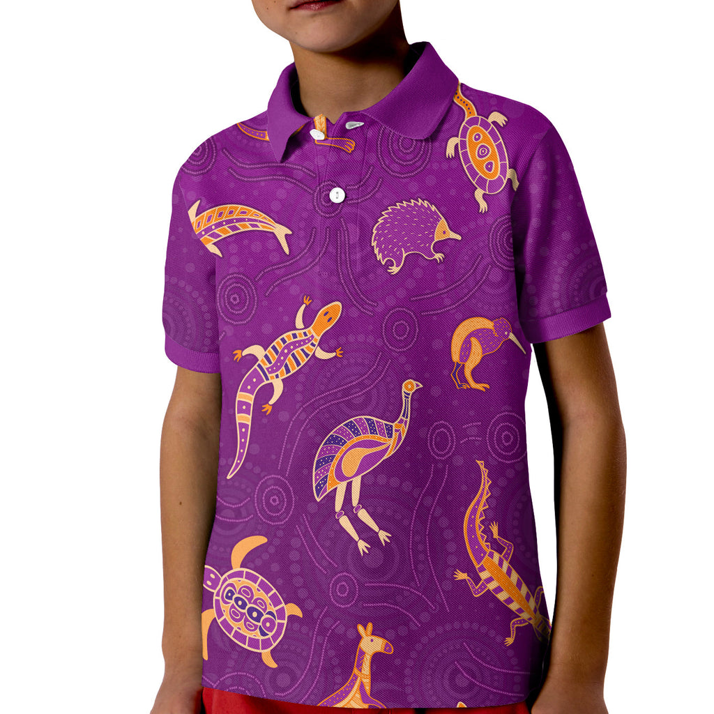 custom-personalised-aboriginal-art-polo-shirt-kid-animals-australia-version-purple