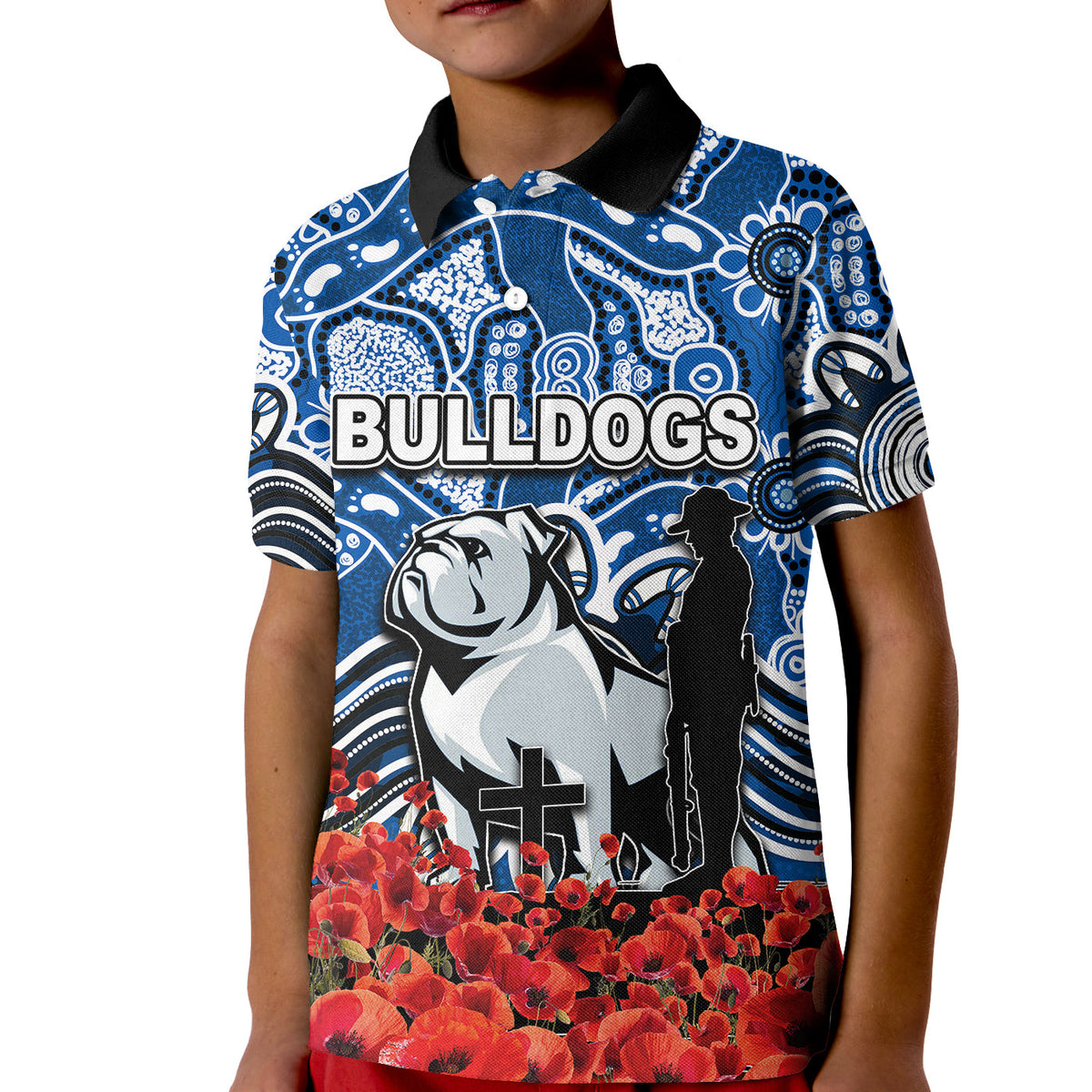 canterbury-bankstown-bulldogs-polo-shirt-kid-anzac-day-poppy-flowers-with-aboriginal
