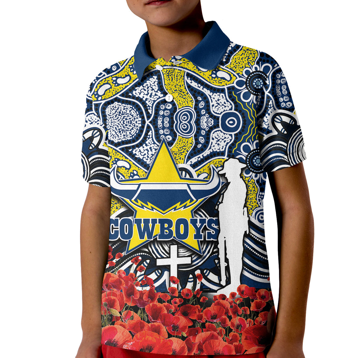 cowboys-polo-shirt-kid-anzac-day-poppy-flowers-with-aboriginal