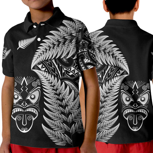 new-zealand-haka-rugby-maori-polo-shirt-kid-silver-fern-vibes-black