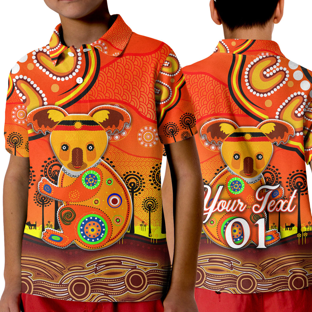 custom-personalised-aboriginal-art-koala-polo-shirt-kid-indigenous-unique-vibes-orange