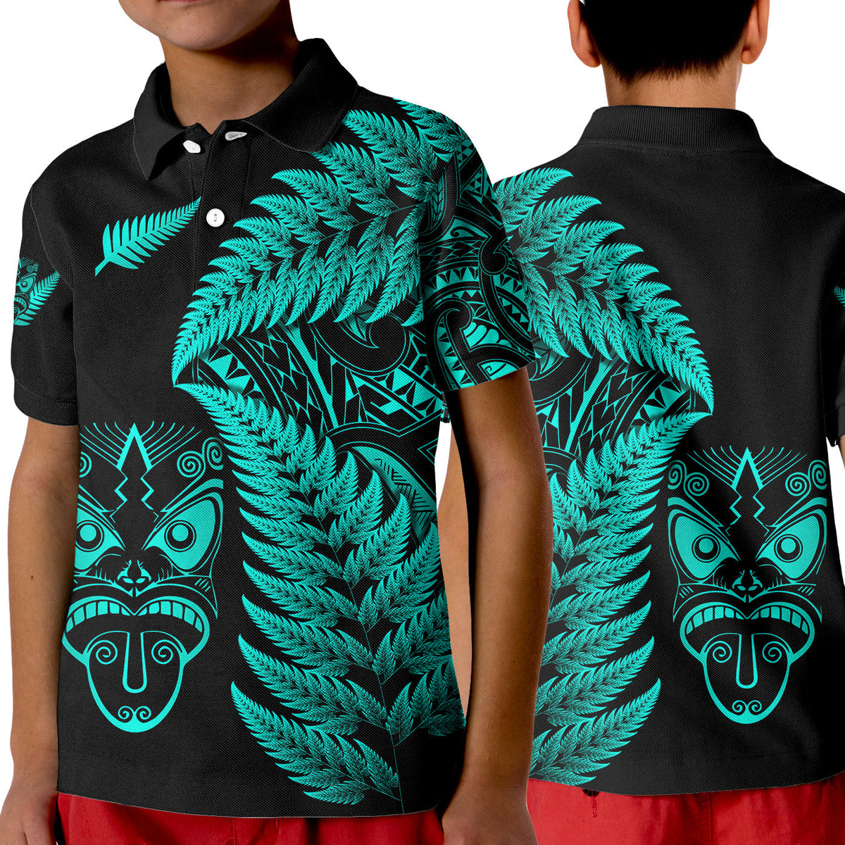 new-zealand-haka-rugby-maori-polo-shirt-kid-silver-fern-vibes-turquoise
