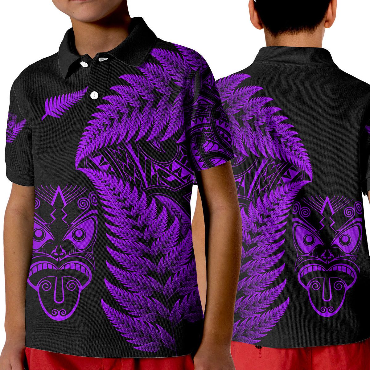 new-zealand-haka-rugby-maori-polo-shirt-kid-silver-fern-vibes-purple