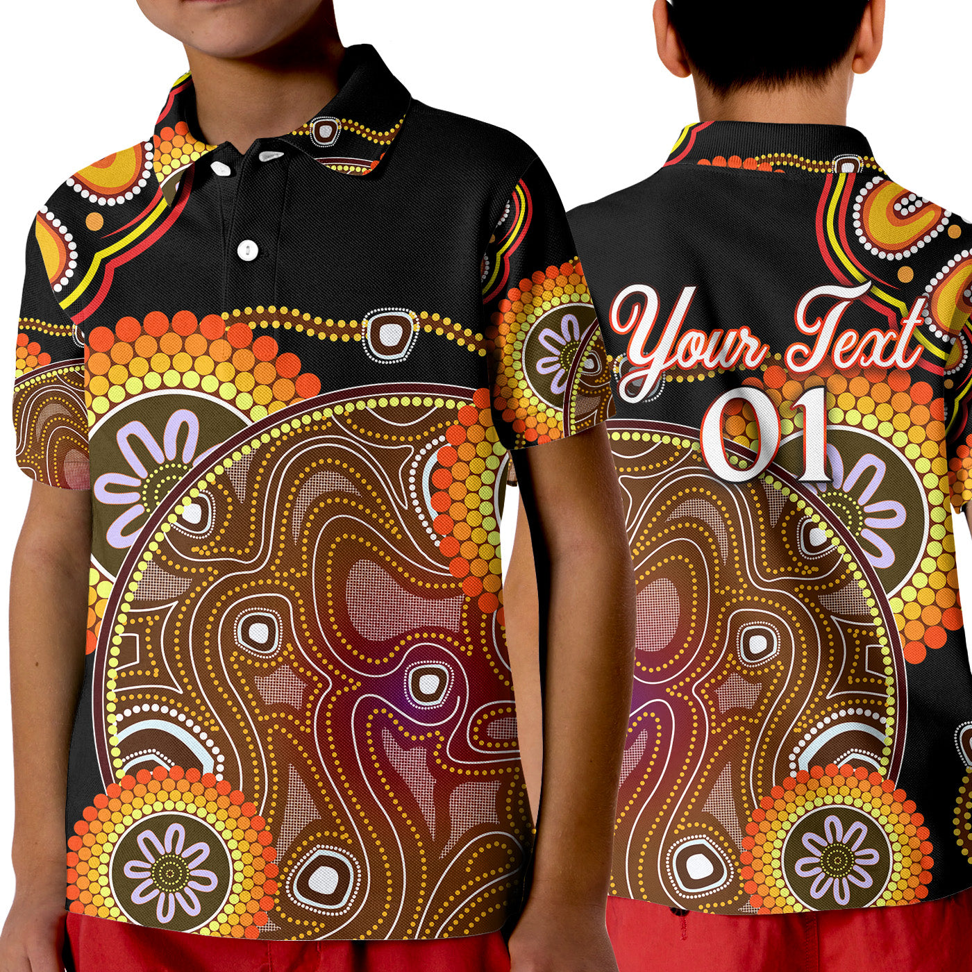custom-personalised-aboriginal-polo-shirt-kid-sun-rise-indigenous-vibes