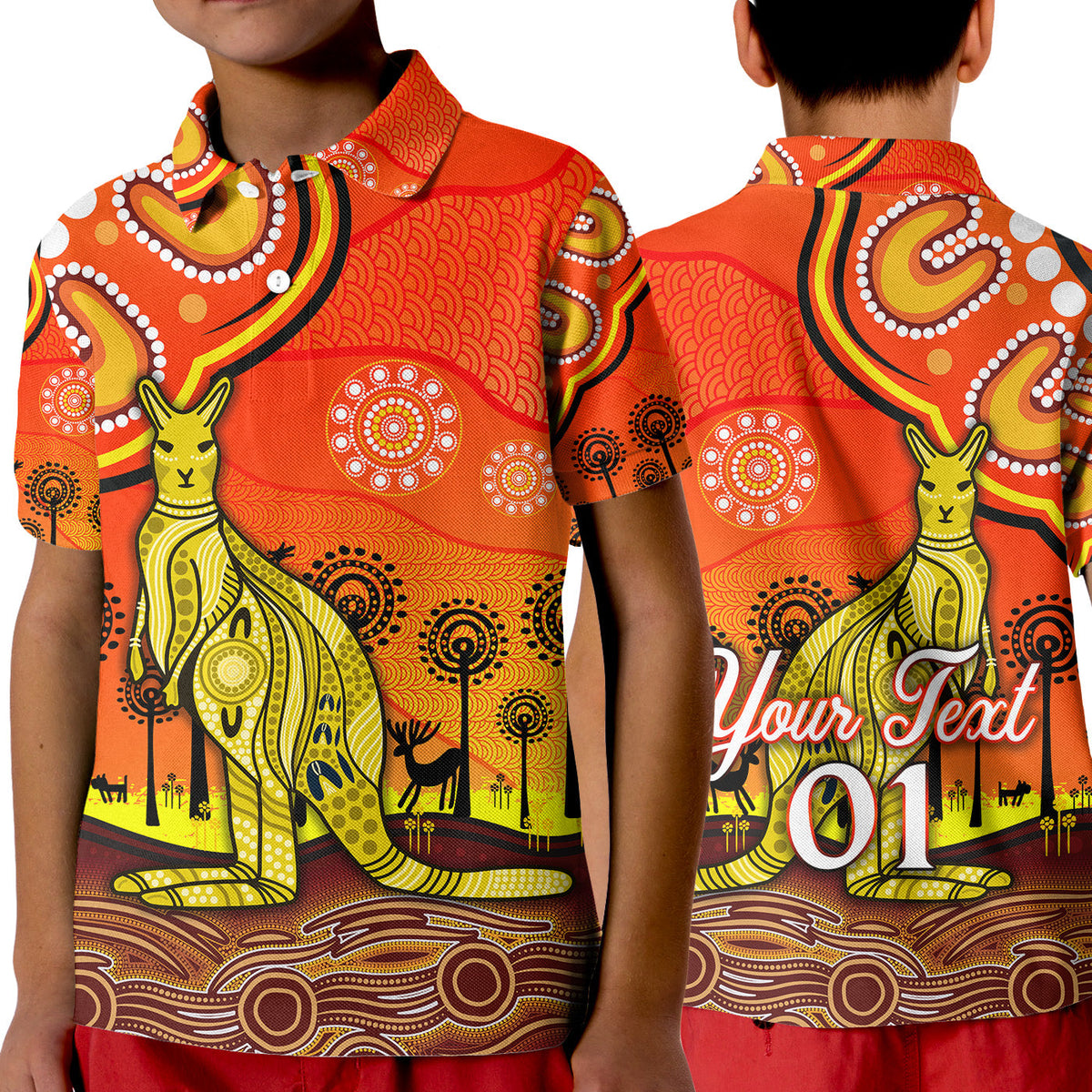 custom-personalised-aboriginal-art-kangaroo-polo-shirt-kid-indigenous-unique-vibes-orange