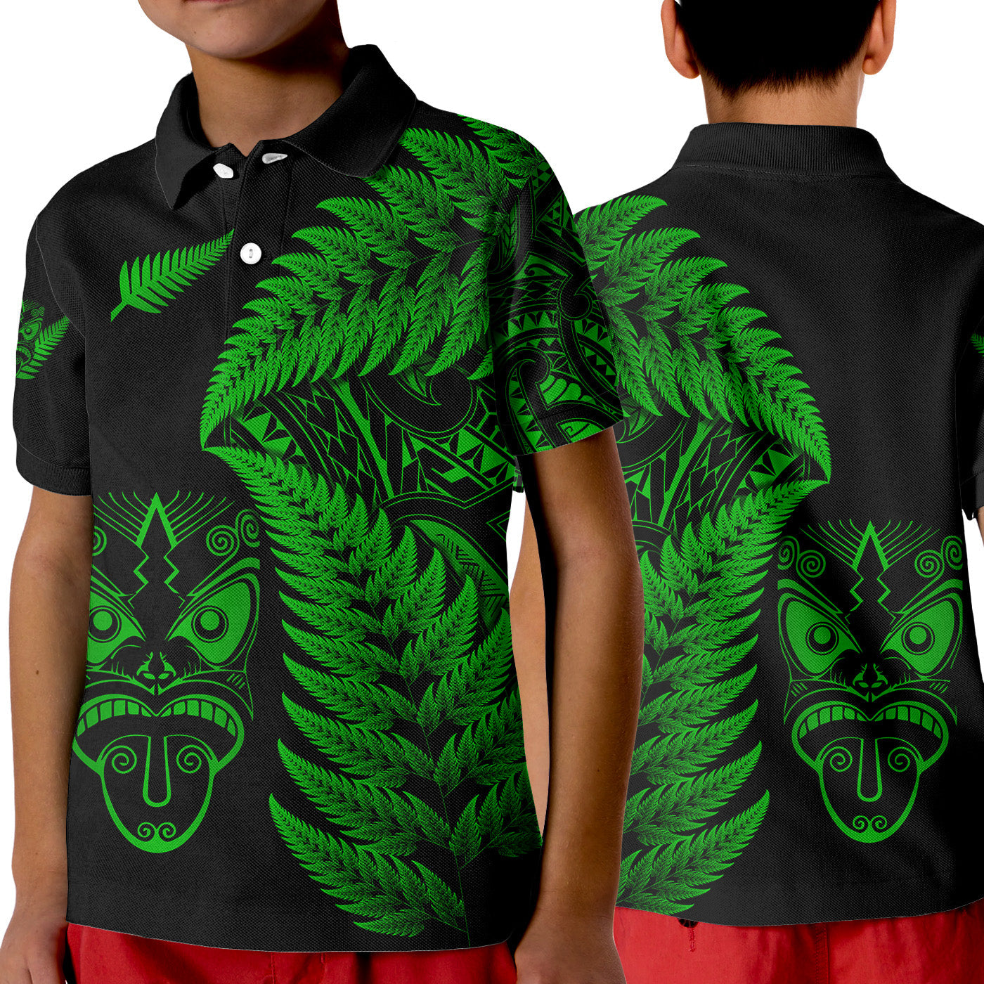 new-zealand-haka-rugby-maori-polo-shirt-kid-silver-fern-vibes-green