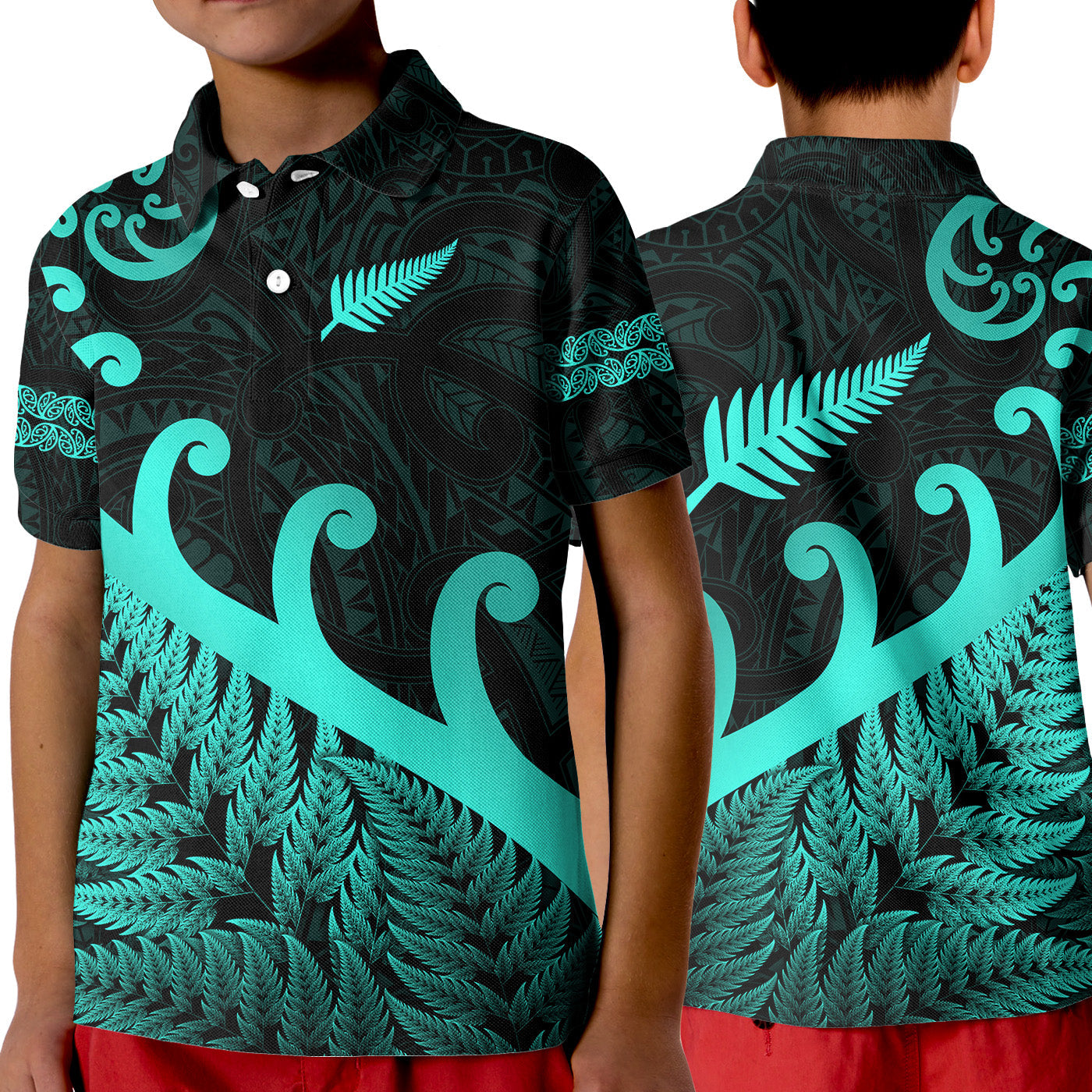 new-zealand-rugby-maori-polo-shirt-kid-silver-fern-koru-vibes-turquoise