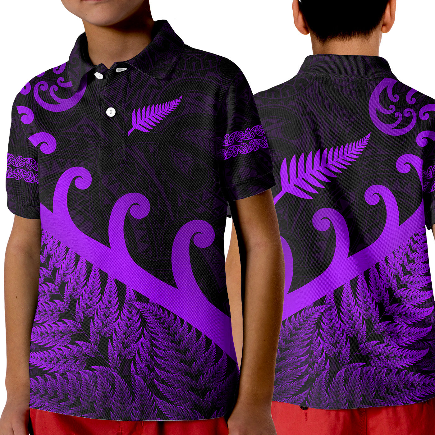 new-zealand-rugby-maori-polo-shirt-kid-silver-fern-koru-vibes-purple