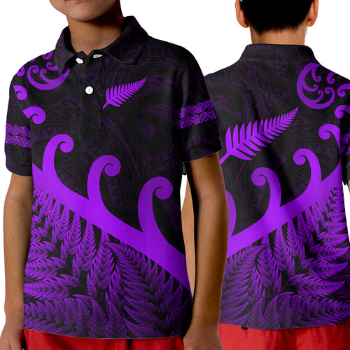 new-zealand-rugby-maori-polo-shirt-kid-silver-fern-koru-vibes-purple