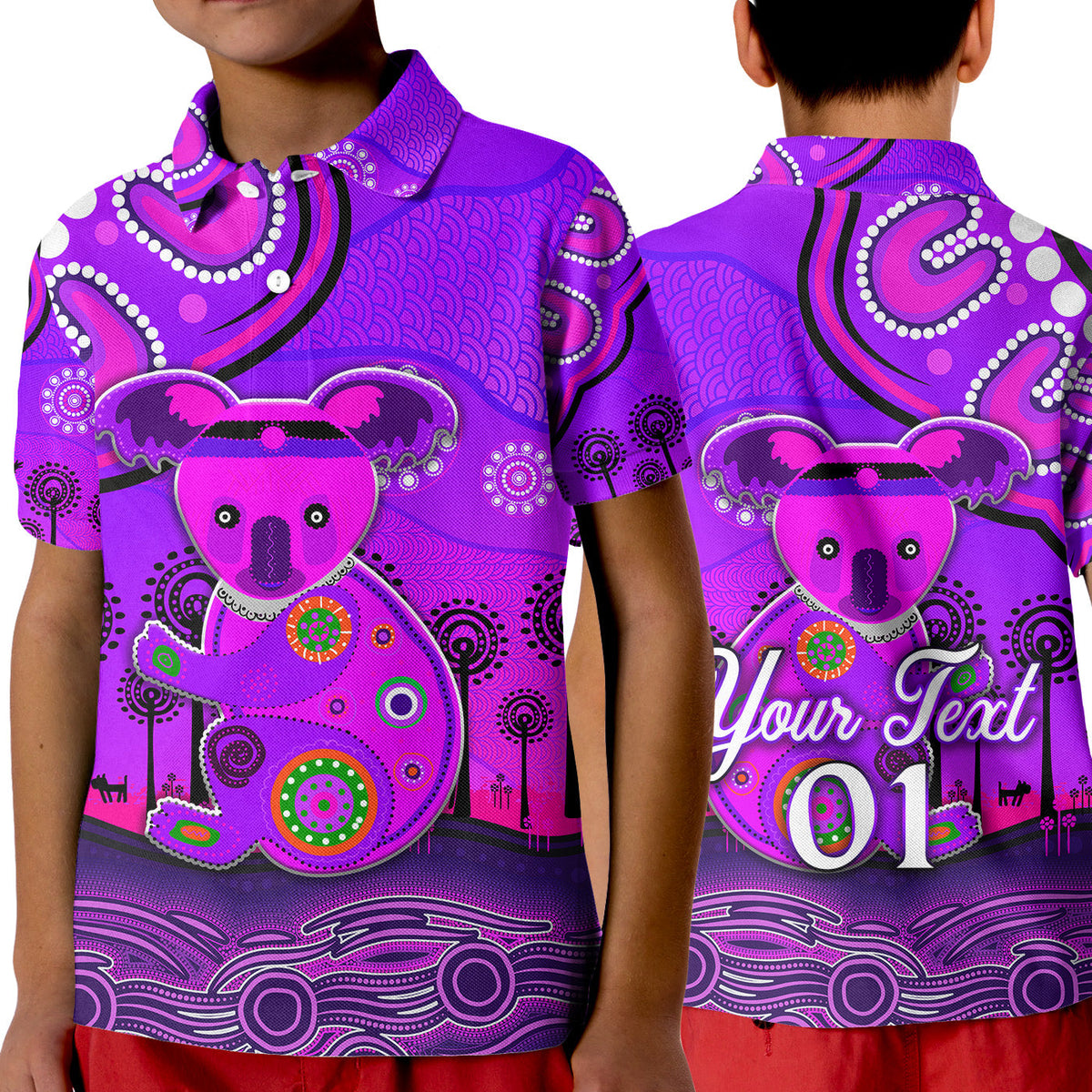 custom-personalised-aboriginal-art-koala-polo-shirt-kid-indigenous-unique-vibes-purple