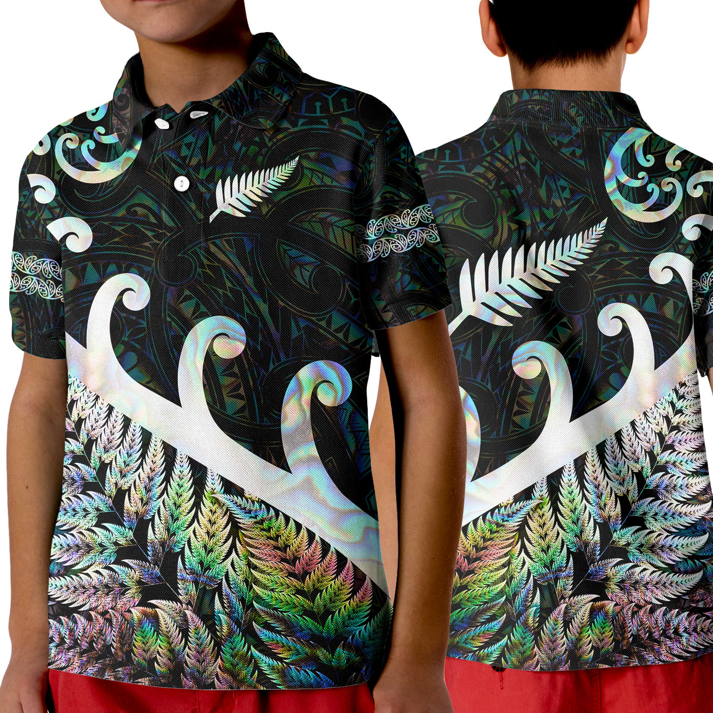 new-zealand-rugby-maori-polo-shirt-kid-silver-fern-koru-vibes-paua-shell