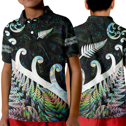 new-zealand-rugby-maori-polo-shirt-kid-silver-fern-koru-vibes-paua-shell