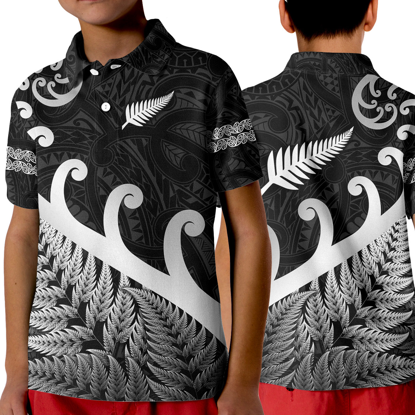 new-zealand-rugby-maori-polo-shirt-kid-silver-fern-koru-vibes-black