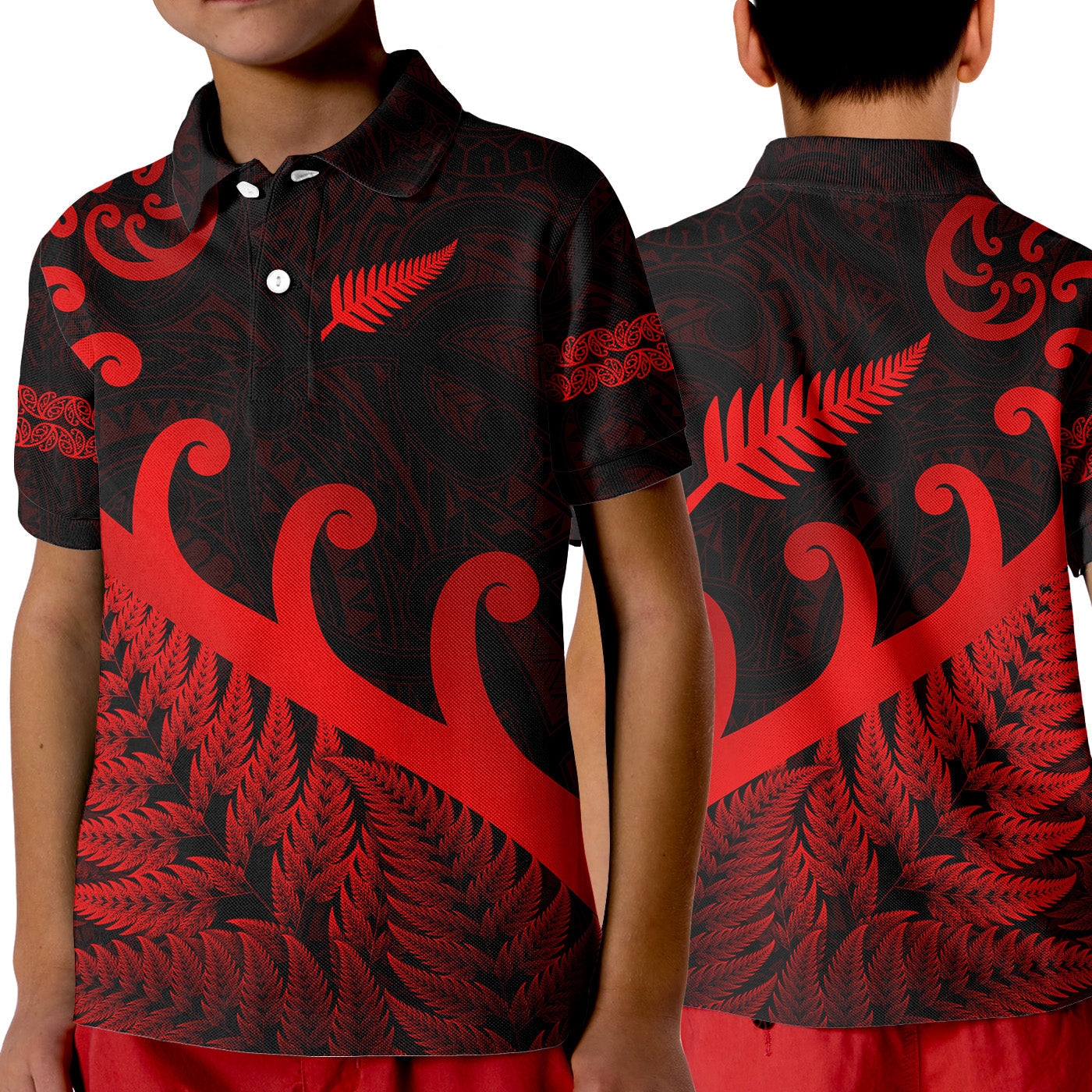 new-zealand-rugby-maori-polo-shirt-kid-silver-fern-koru-vibes-red