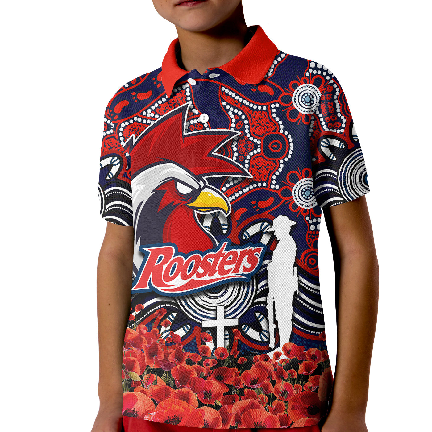 roosters-polo-shirt-kid-anzac-day-poppy-flowers-with-aboriginal