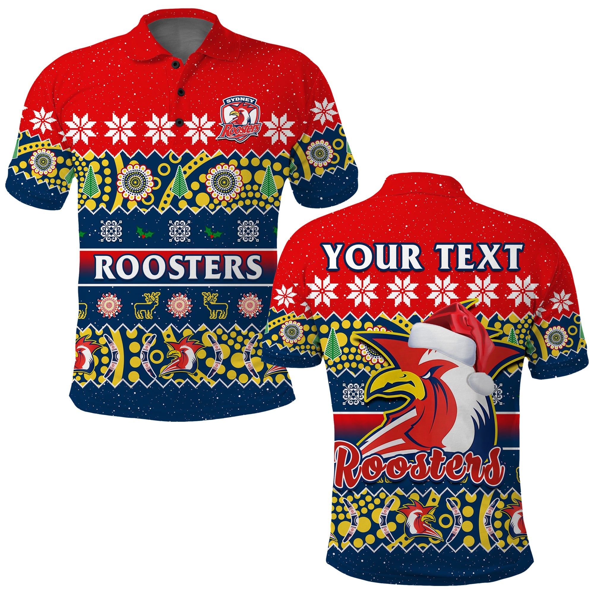 custom-personalised-sydney-roosters-christmas-polo-shirt-easts-aboriginal-art-merry-xmas