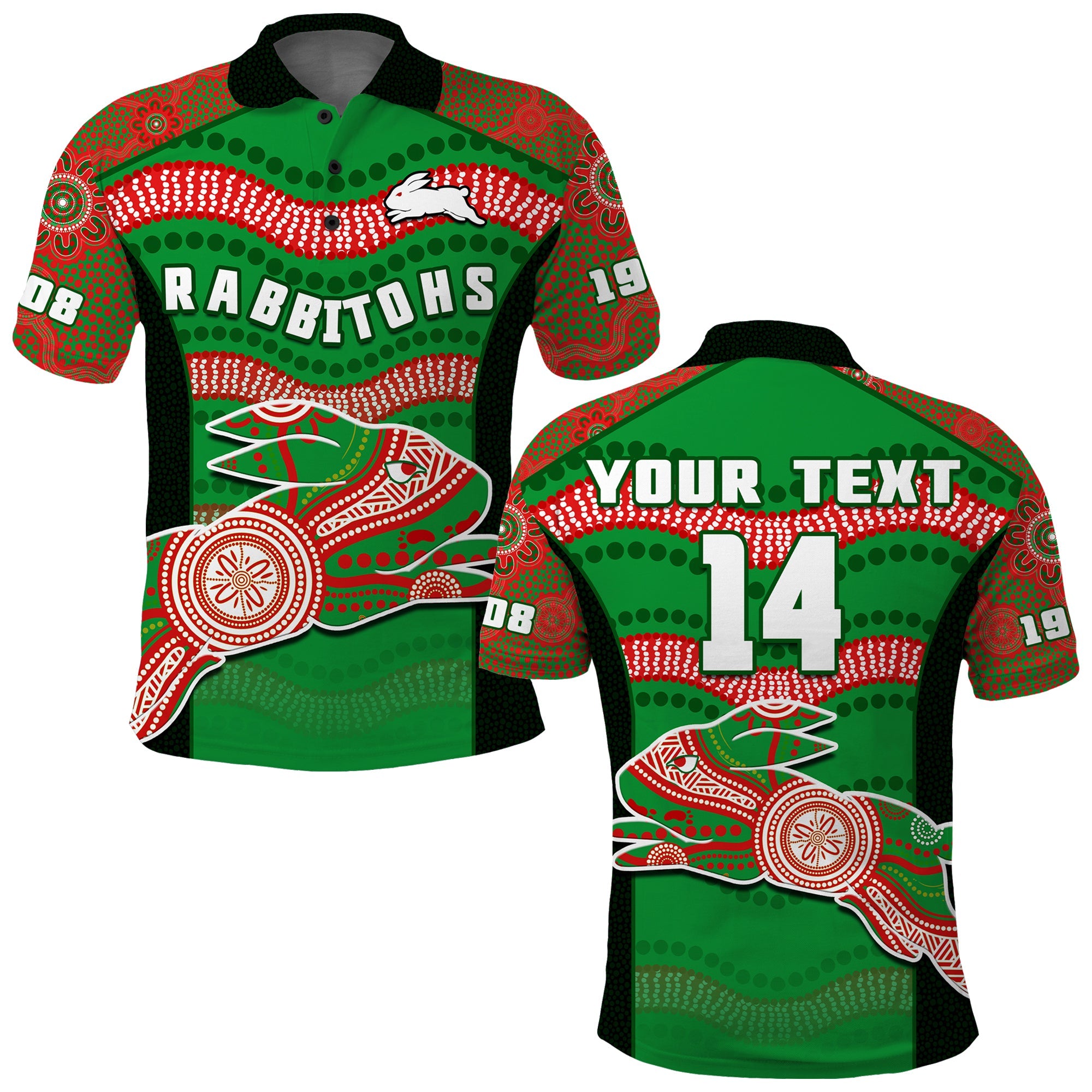 custom-text-and-number-rabbitohs-rugby-polo-shirt-souths-1908-aboriginal-dot-painting-go-bunnies