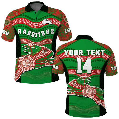 custom-text-and-number-rabbitohs-rugby-polo-shirt-souths-1908-aboriginal-dot-painting-go-bunnies