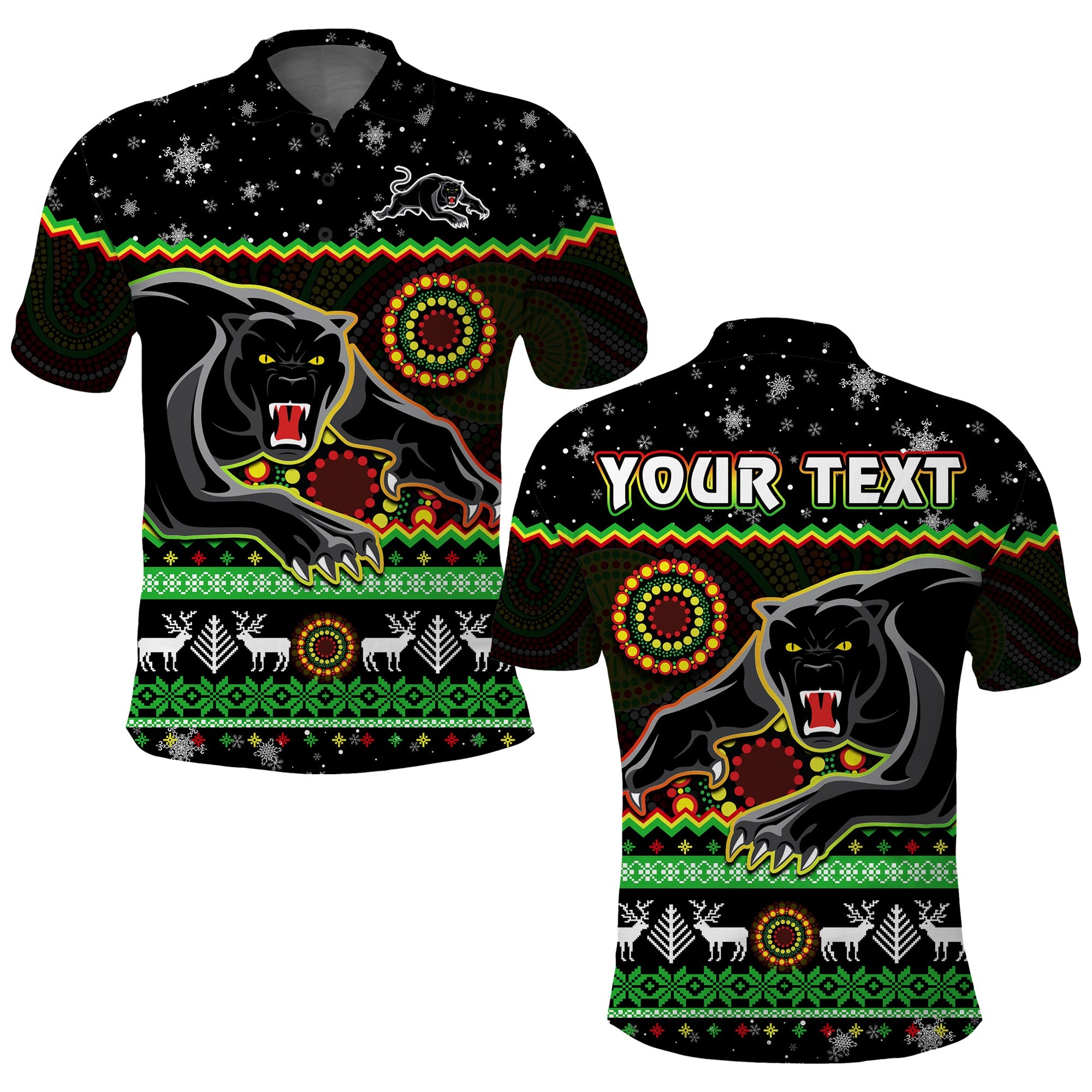 custom-personalised-panthers-christmas-polo-shirt-aboriginal-pattern-penrith-black-version