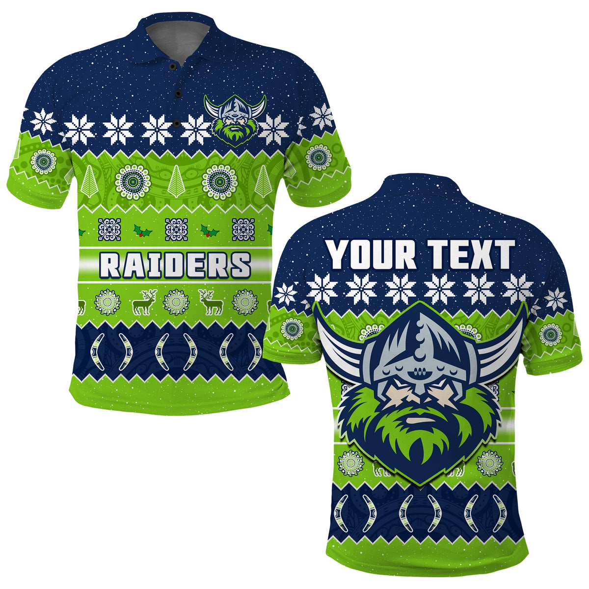custom-personalised-raiders-christmas-polo-shirt-the-green-machine-aboriginal-art-merry-xmas