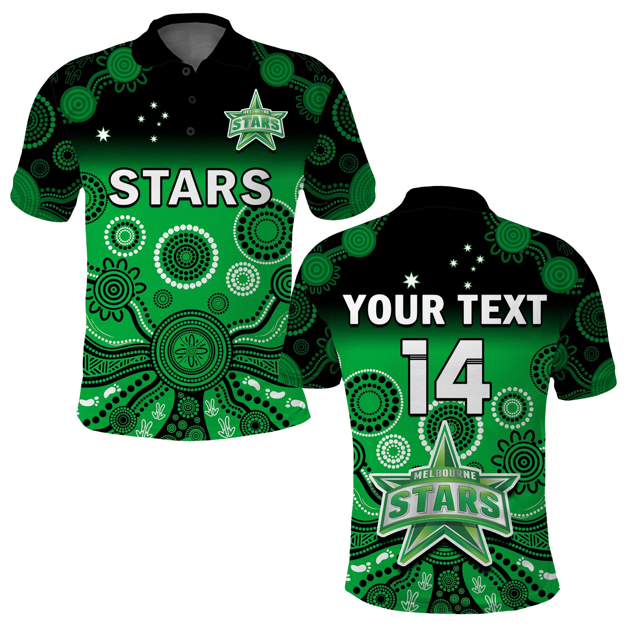 custom-text-and-number-stars-cricket-polo-shirt-melbourne-team-green-gradient-aboriginal-art