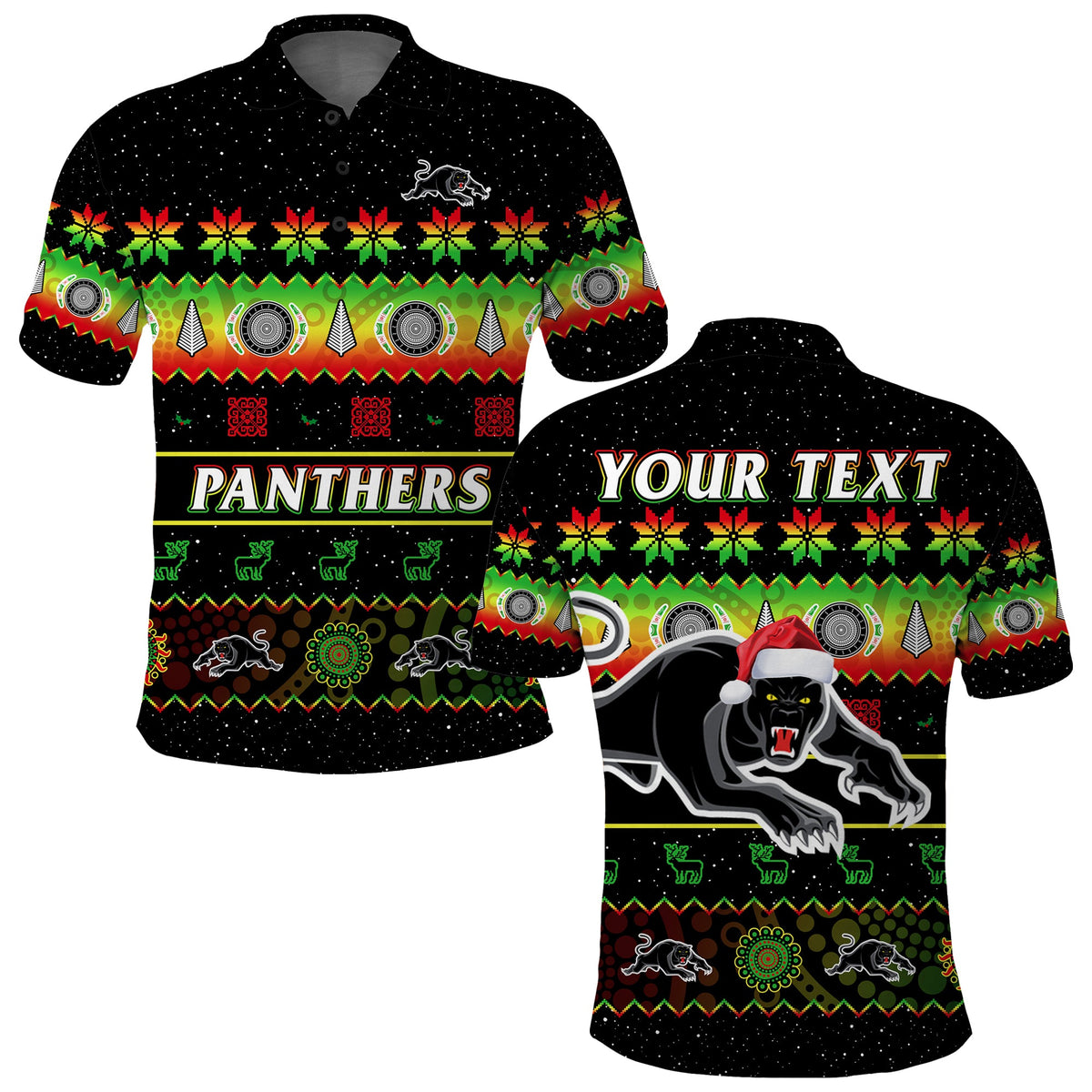custom-personalised-penrith-panthers-christmas-polo-shirt-the-riff-aboriginal-art-merry-xmas