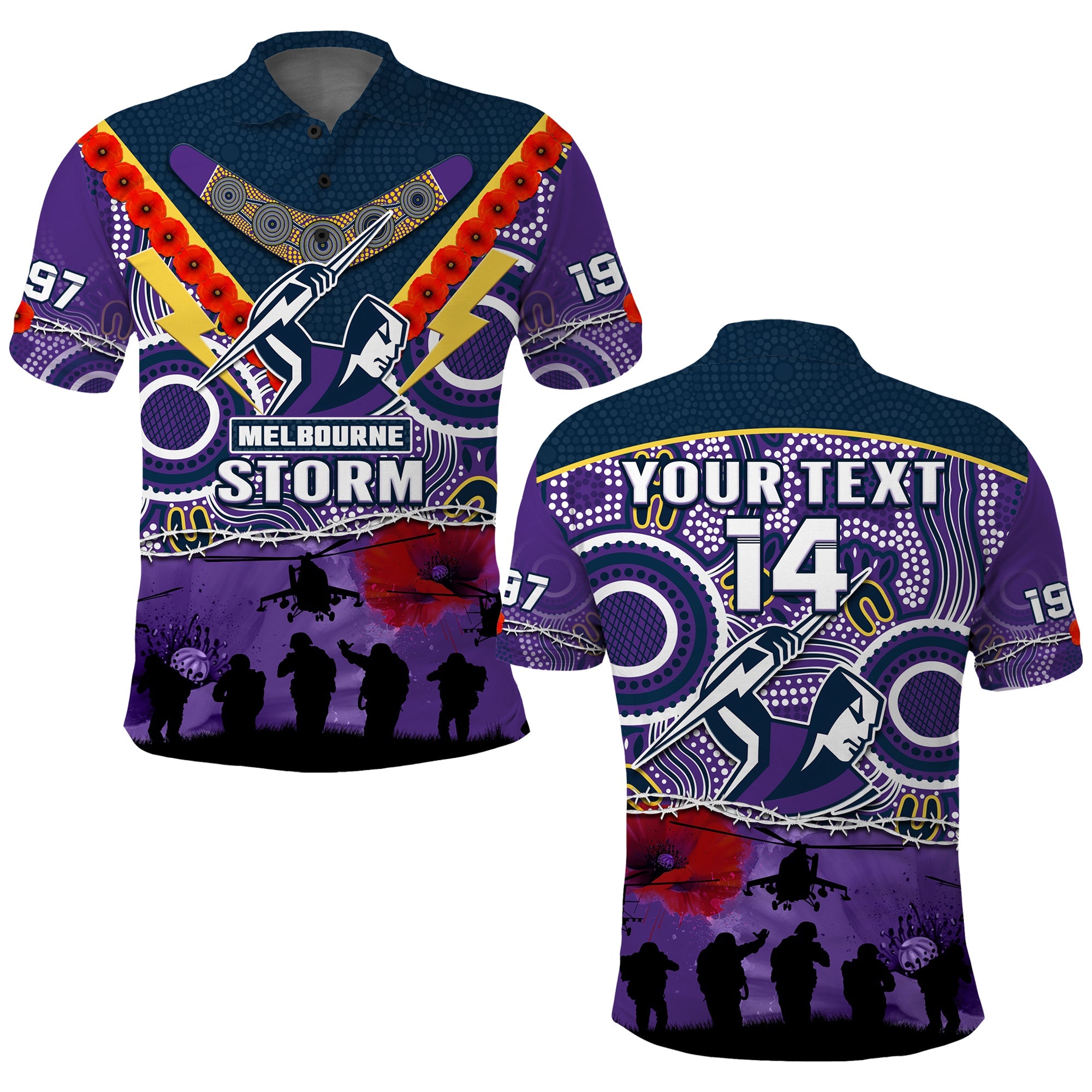 custom-text-and-number-melbourne-storm-rugby-anzac-polo-shirt-indigenous-poppy-australian-army