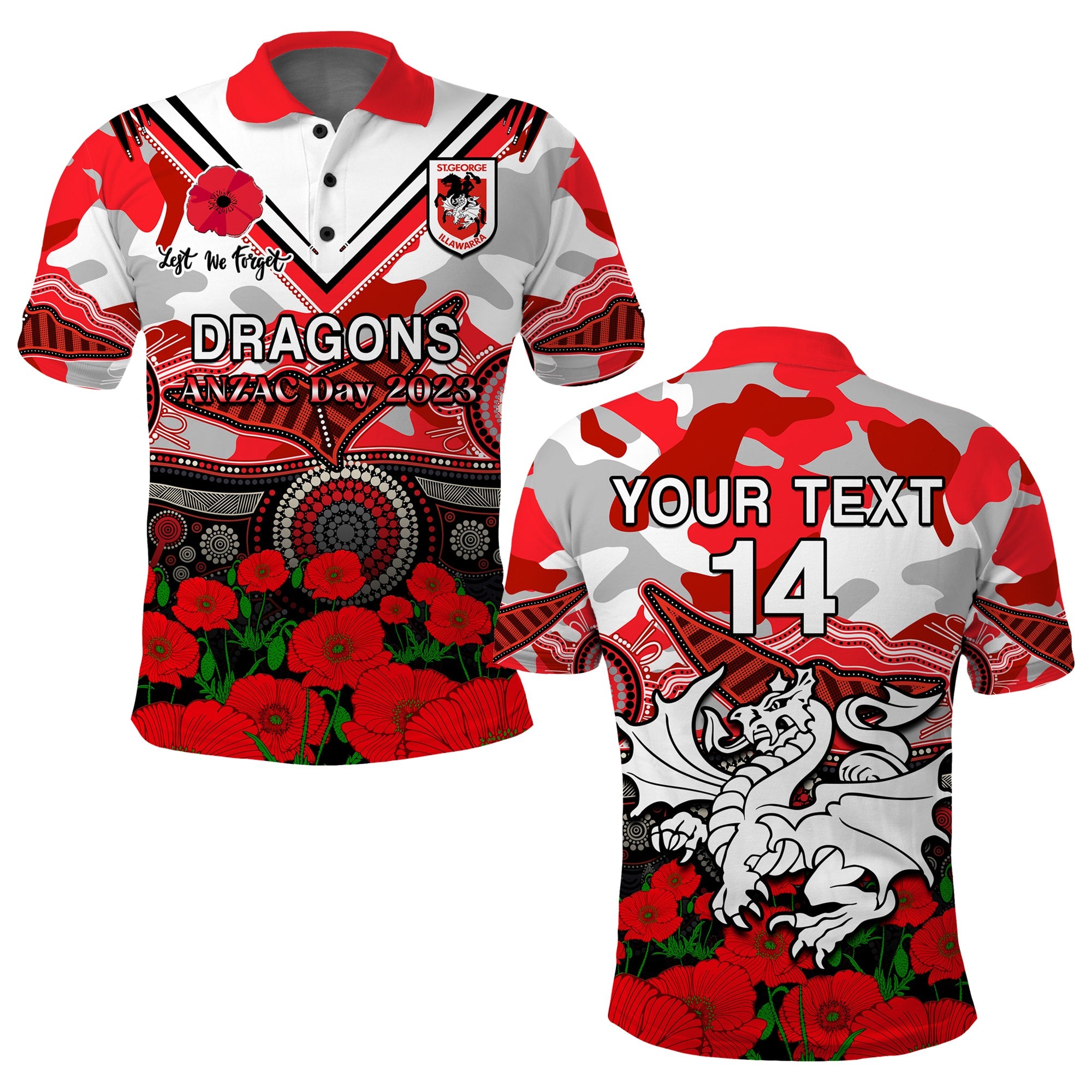 custom-text-and-number-dragons-rugby-anzac-2023-polo-shirt-aboriginal-mix-poppy-lest-we-forget