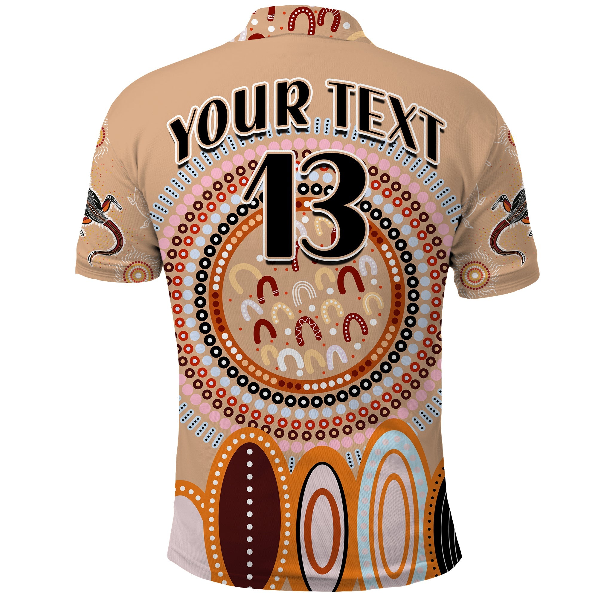 custom-text-and-number-aboriginal-stand-up-polo-shirt-circle-dot-with-lizard-version-peachpuff