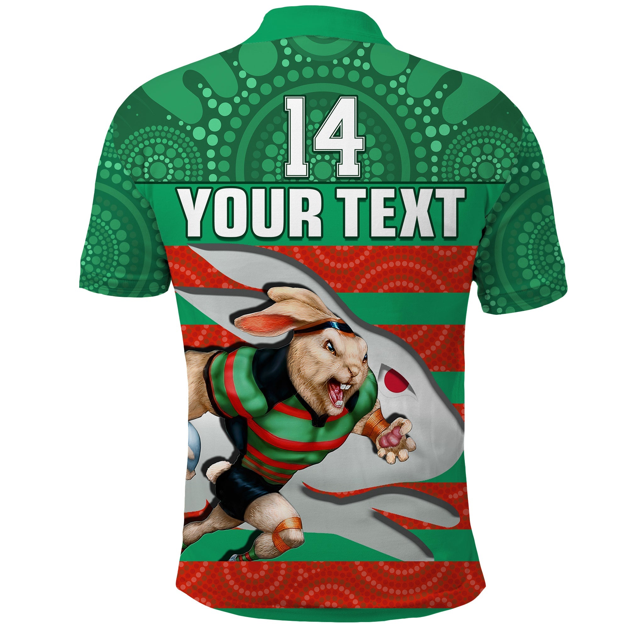 custom-text-and-number-rabbitohs-rugby-polo-shirt-aboriginal-dot-painting-glory-glory-sporty-style