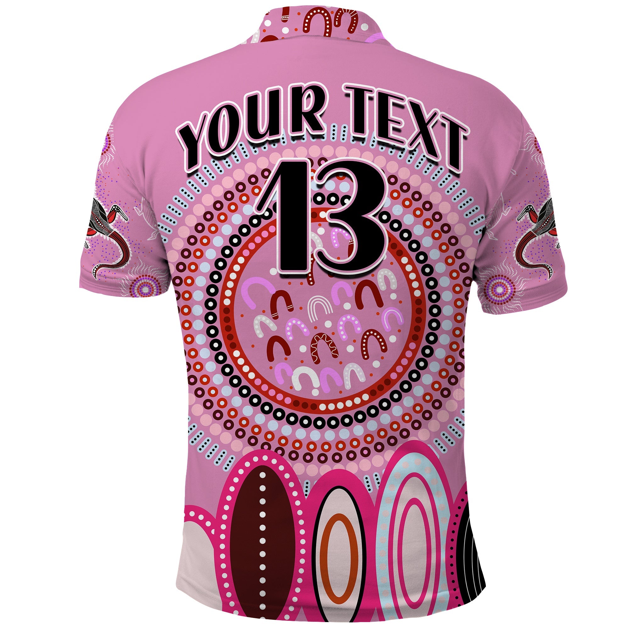 custom-text-and-number-aboriginal-stand-up-polo-shirt-circle-dot-with-lizard-version-pink