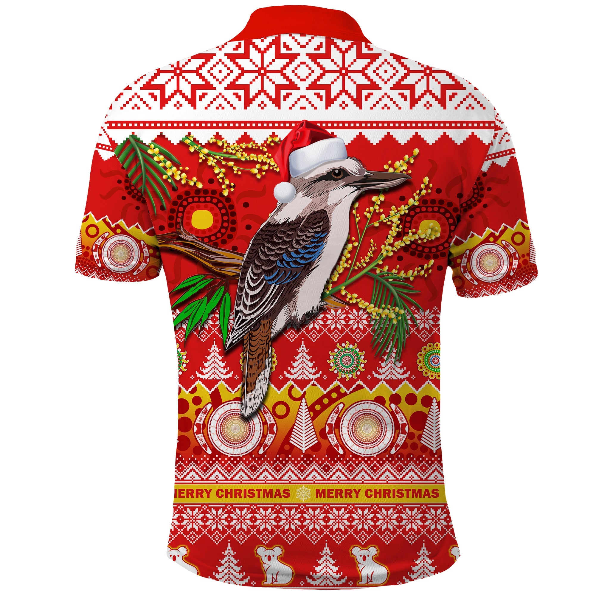 australia-polo-shirt-kookaburra-mix-golden-wattle-aboriginal-art-merry-christmas