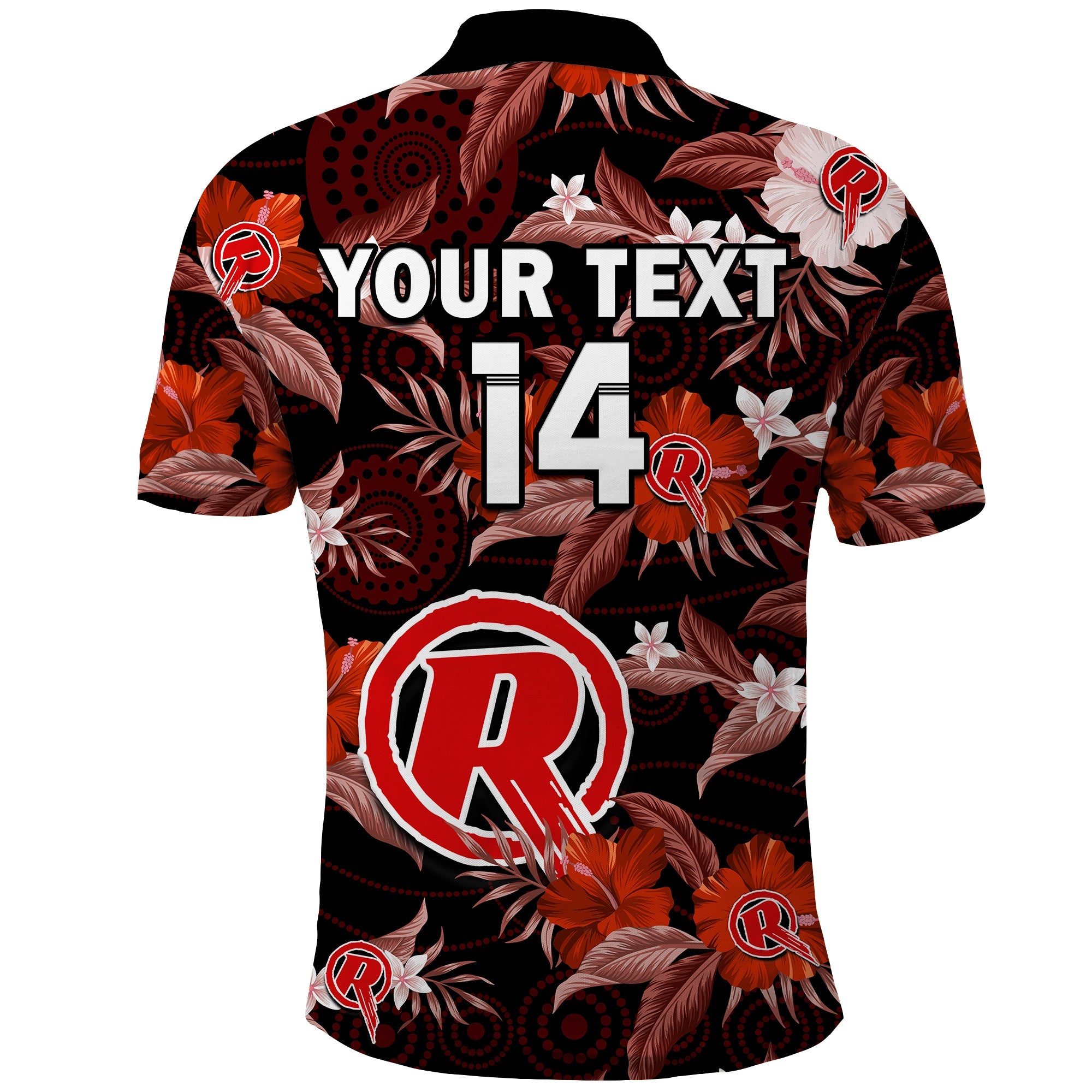 custom-text-and-number-melbourne-renegades-cricket-polo-shirt-aboriginal-art-mix-tropical-flowers