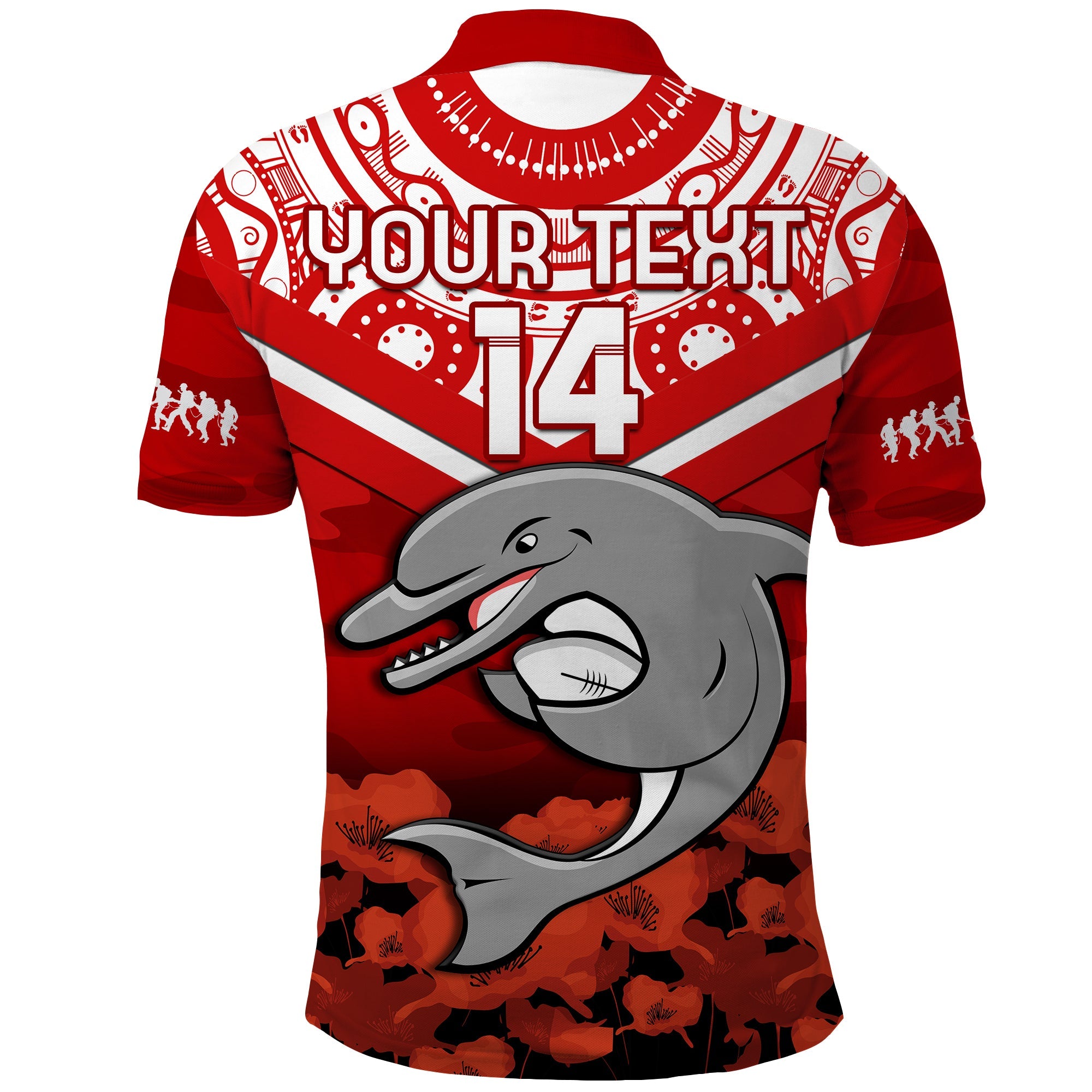 custom-text-and-number-dolphins-rugby-anzac-2023-polo-shirt-dots-poppy-mix-camouflage-lest-we-forget