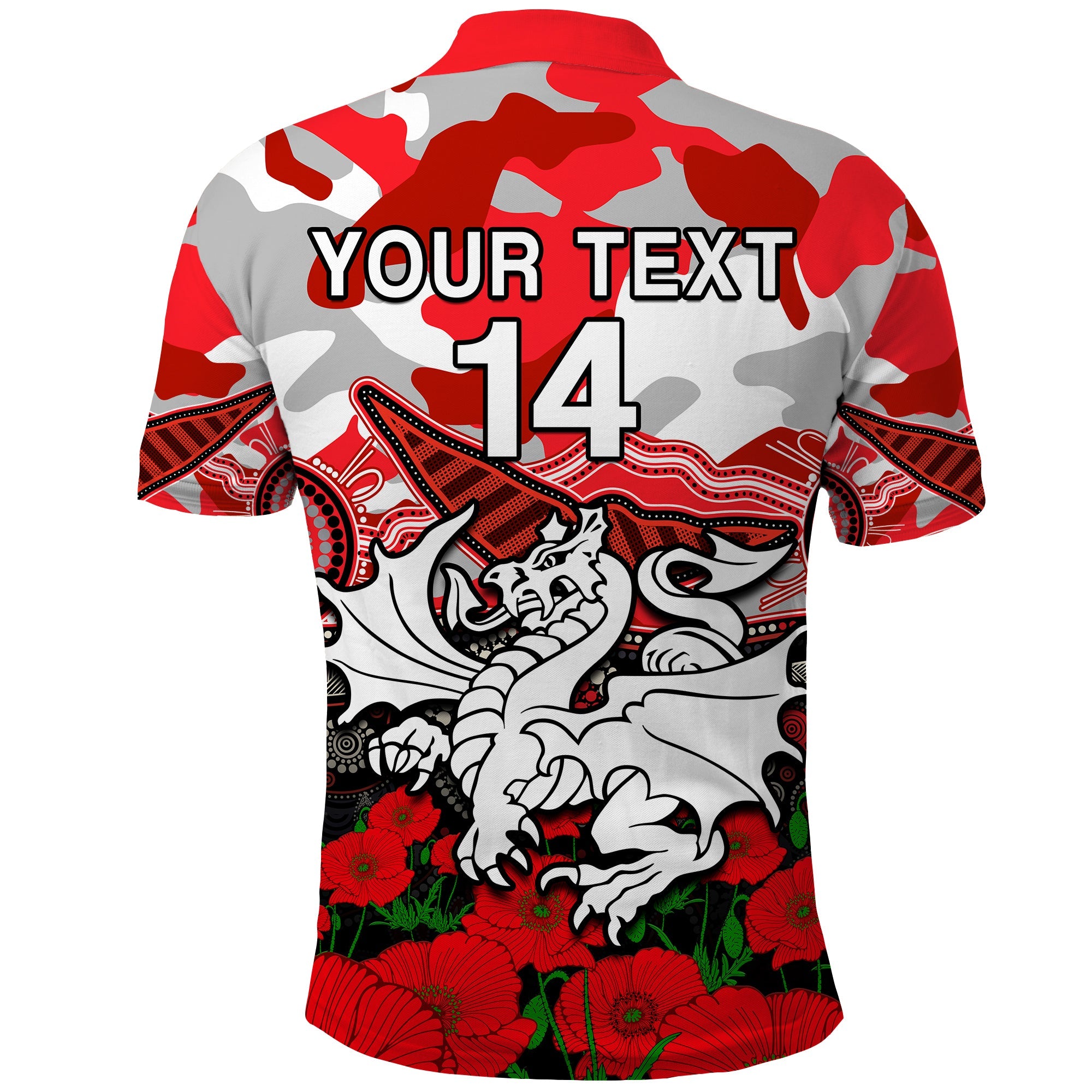 custom-text-and-number-dragons-rugby-anzac-2023-polo-shirt-aboriginal-mix-poppy-lest-we-forget