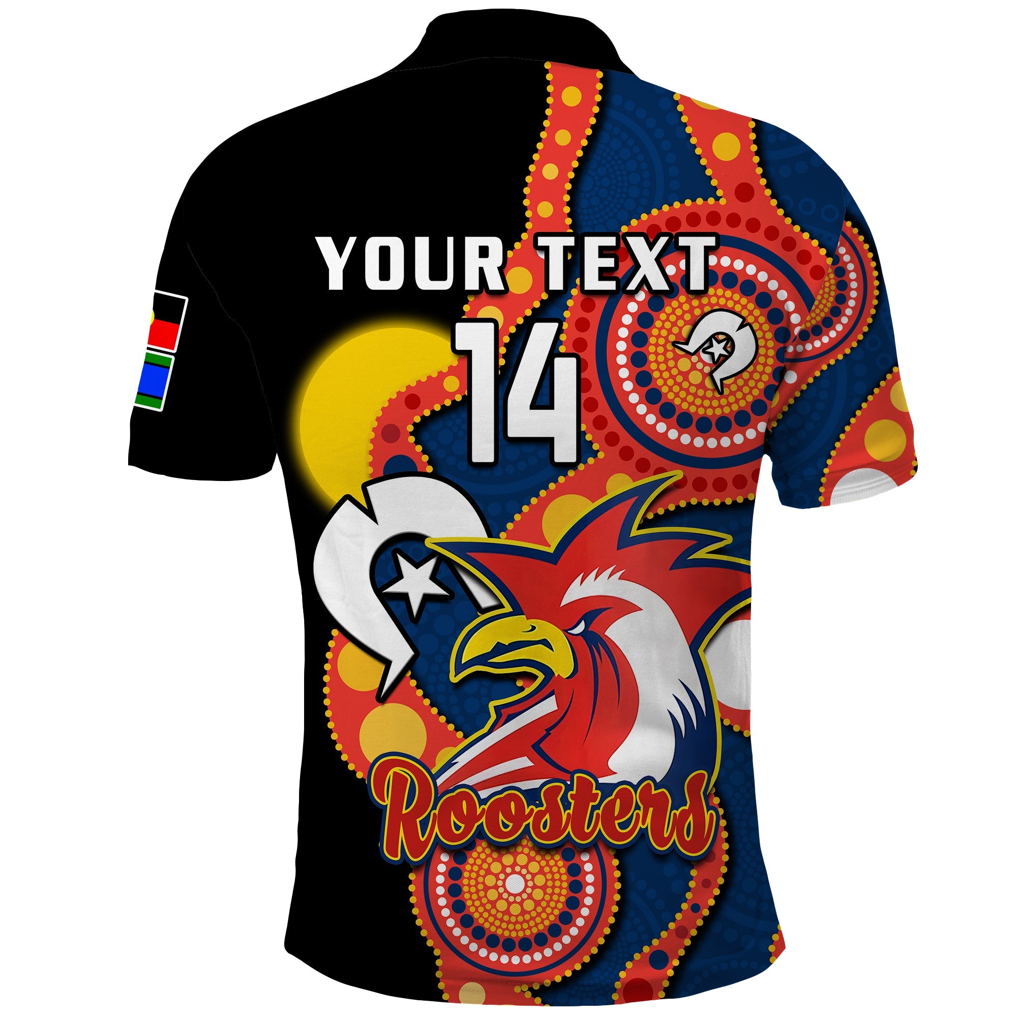 custom-text-and-number-roosters-rugby-naidoc-2023-polo-shirt-tricolours-for-our-elders-indigenous-art