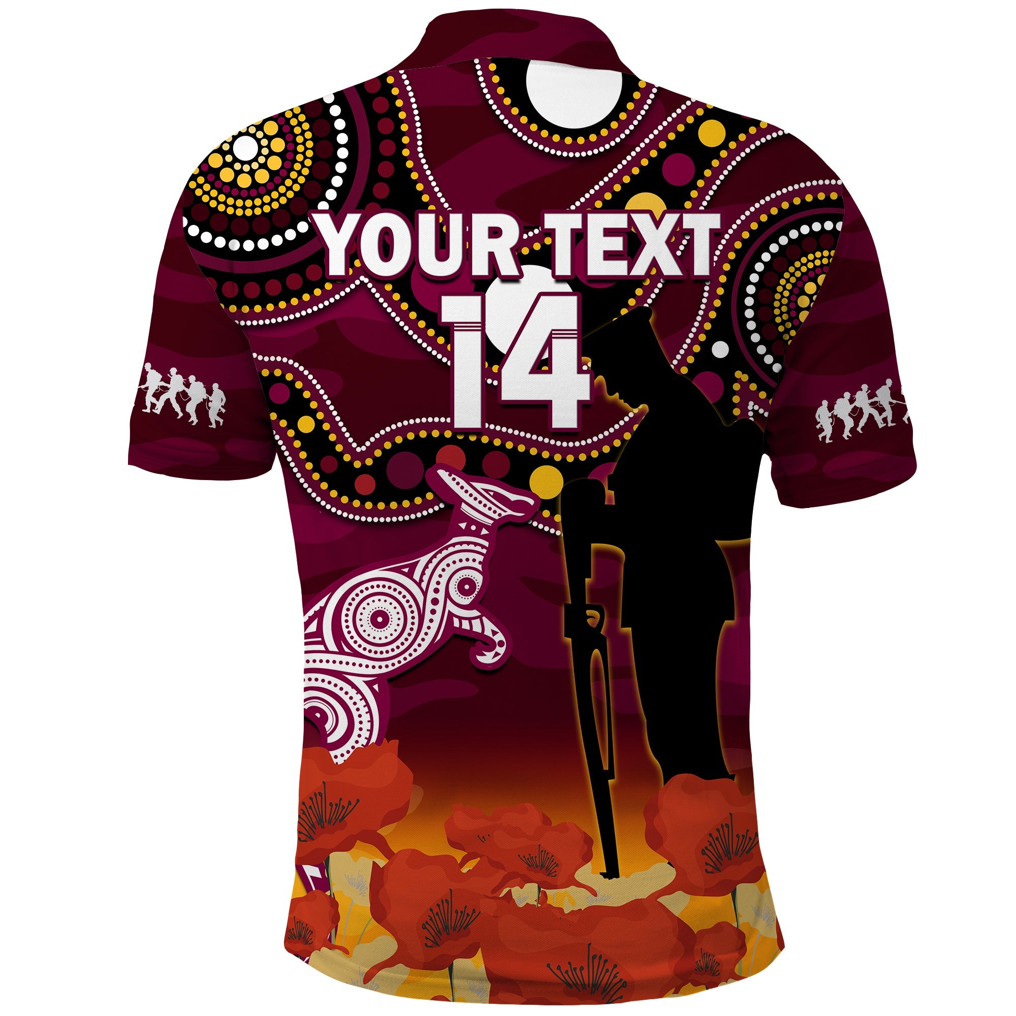 custom-text-and-number-maroons-rugby-anzac-2023-polo-shirt-qld-aboriginal-mix-poppy-camouflage
