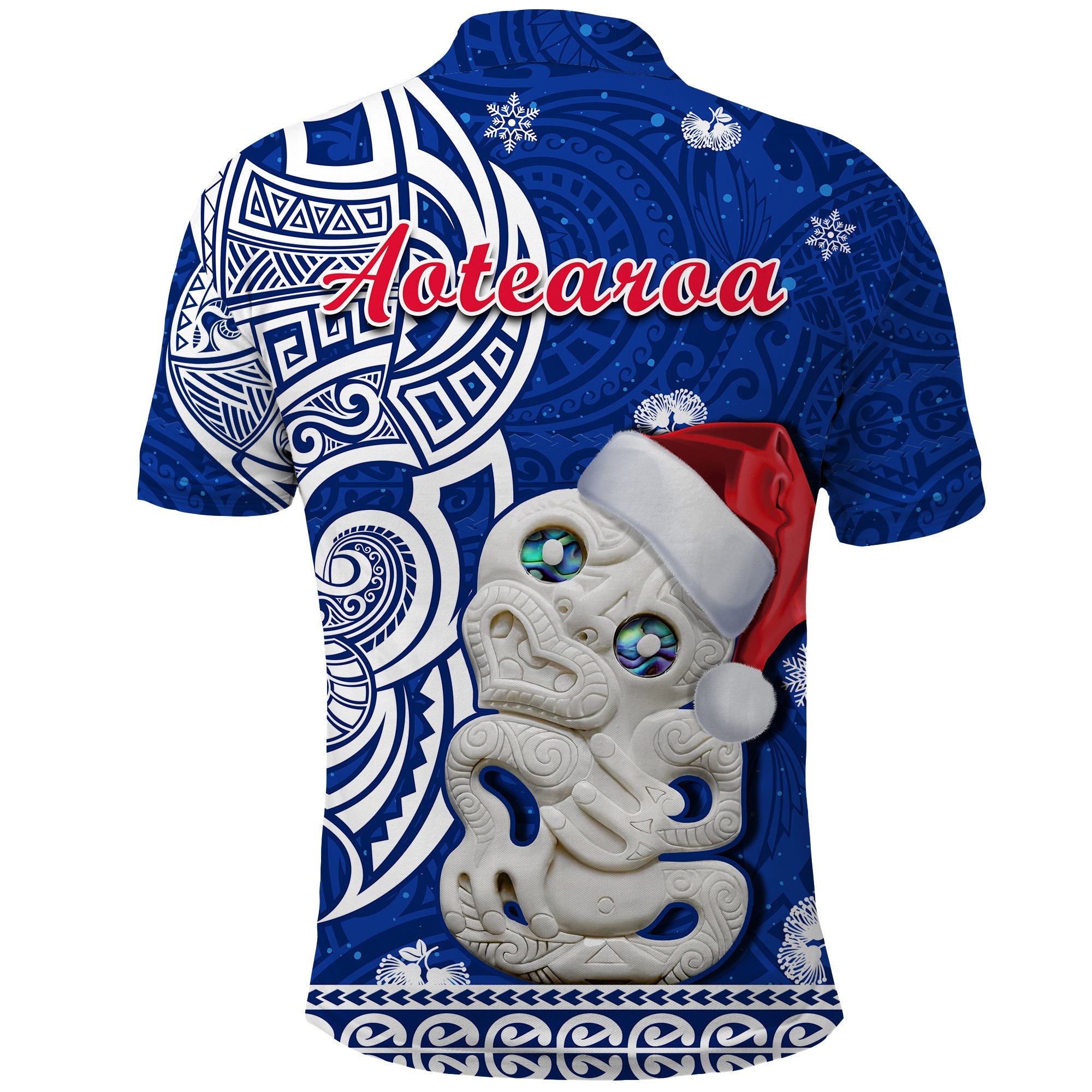 custom-personalised-new-zealand-christmas-polo-shirt-hei-tiki-blue-pohutukawa-meri-kirihimete