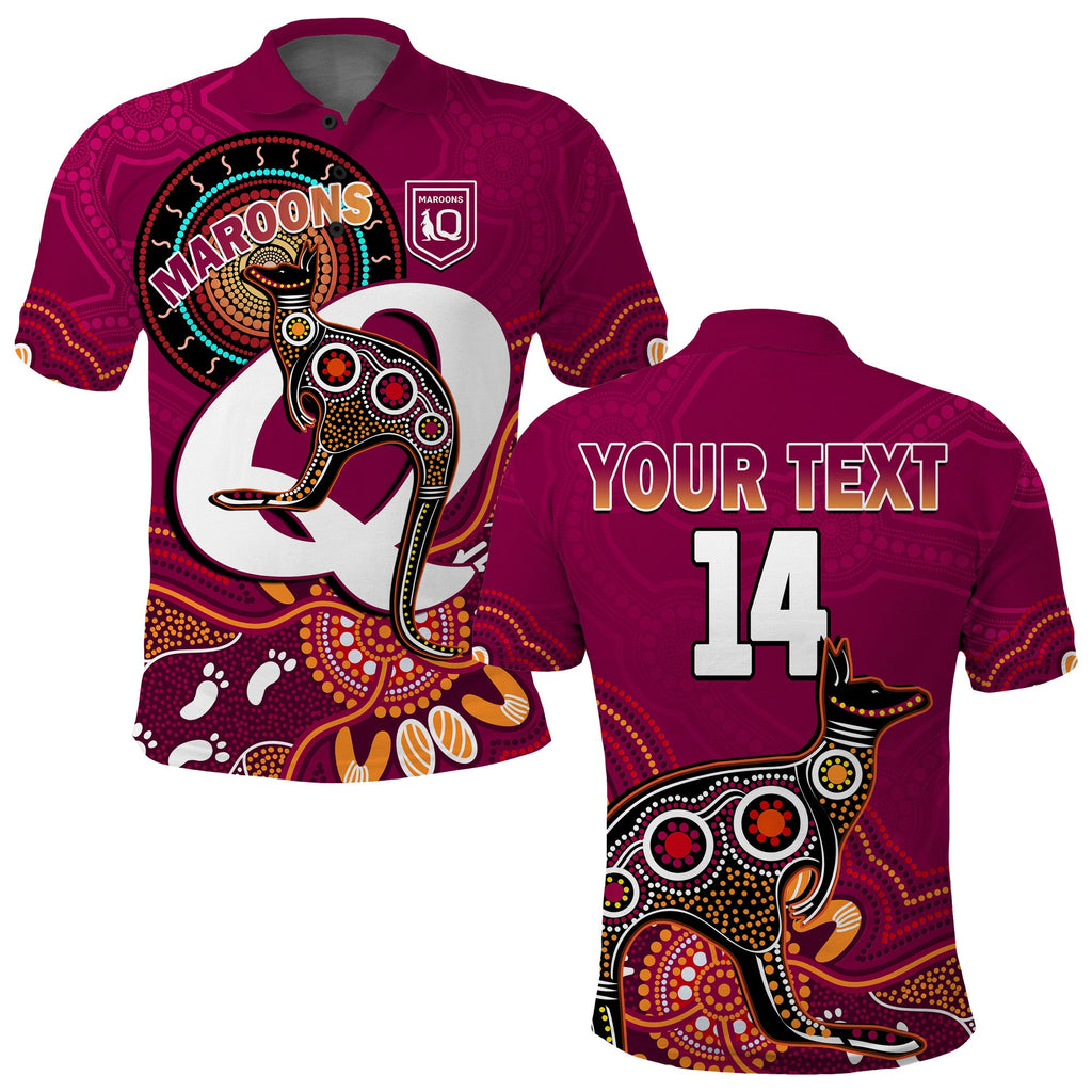 custom-text-and-number-maroons-rugby-polo-shirt-queensland-kangaroo-aboriginal-dot-paintings