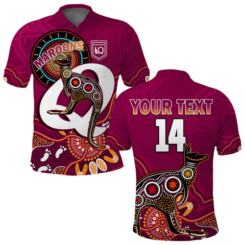 custom-text-and-number-maroons-rugby-polo-shirt-queensland-kangaroo-aboriginal-dot-paintings