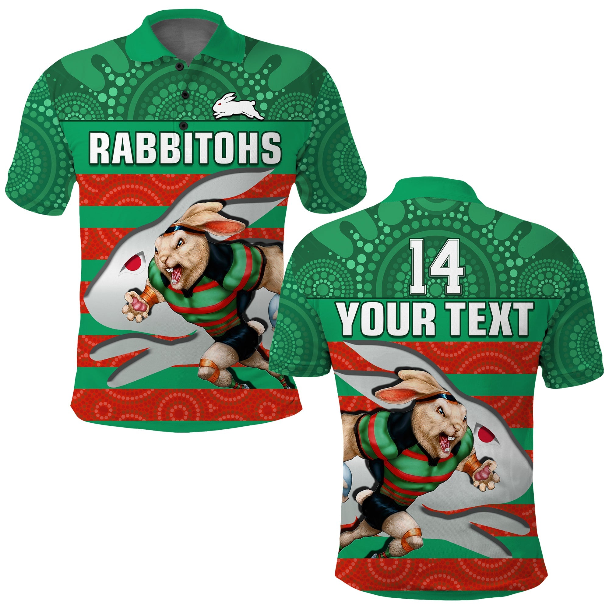 custom-text-and-number-rabbitohs-rugby-polo-shirt-aboriginal-dot-painting-glory-glory-sporty-style