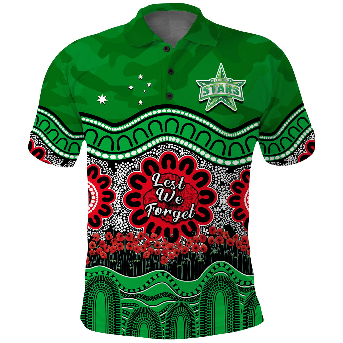custom-text-and-number-stars-cricket-anzac-polo-shirt-melbourne-poppy-aboriginal-camouflage