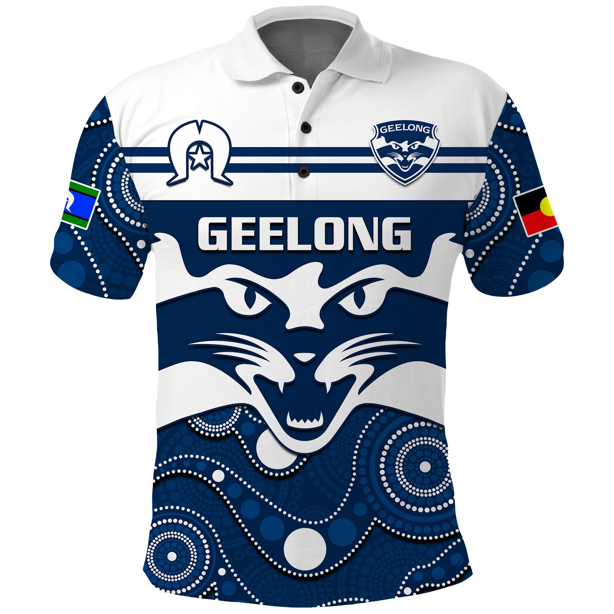 geelong-football-naidoc-2023-polo-shirt-cats-for-our-elders-indigenous-art