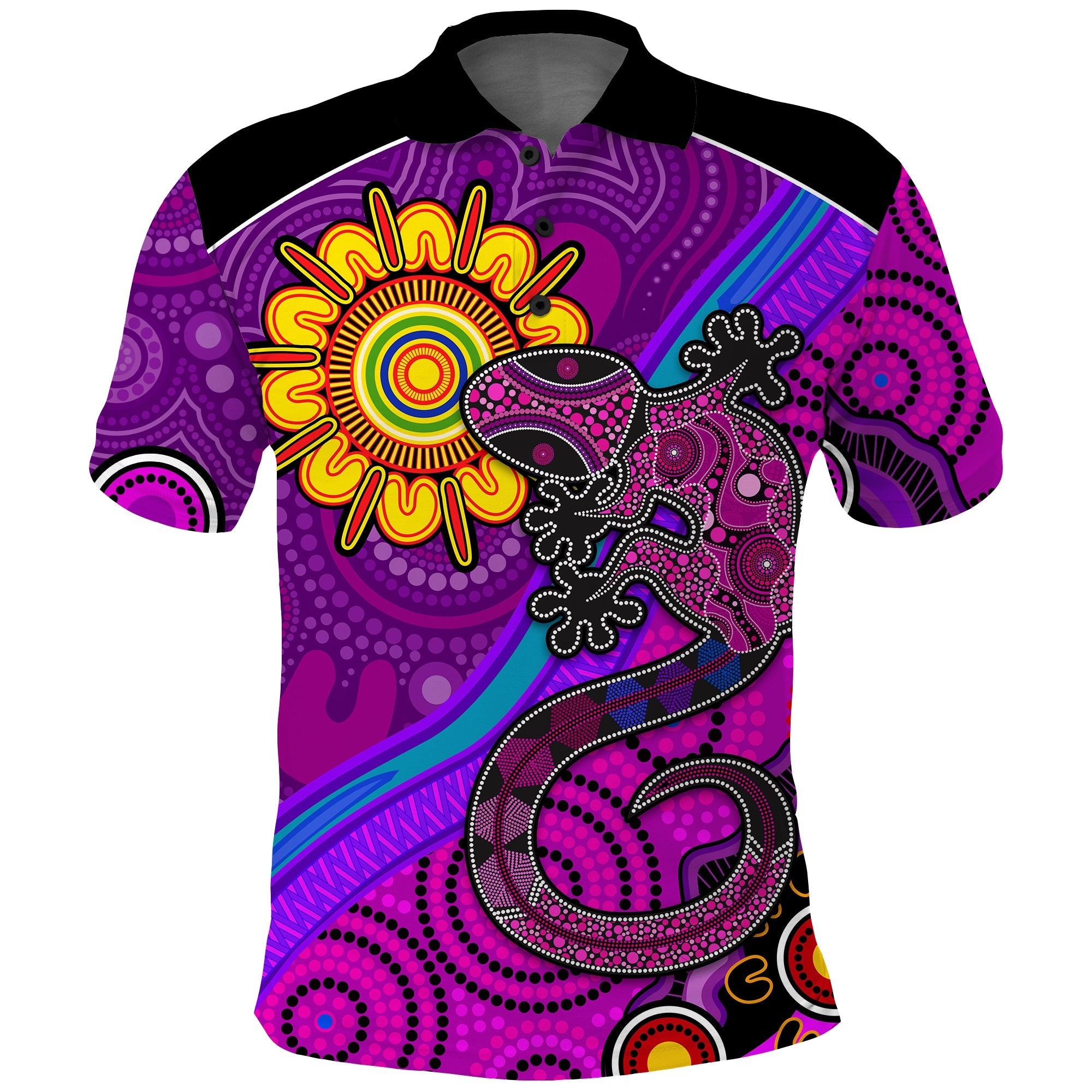 australia-lizard-and-sun-polo-shirt-aboriginal-art-purple