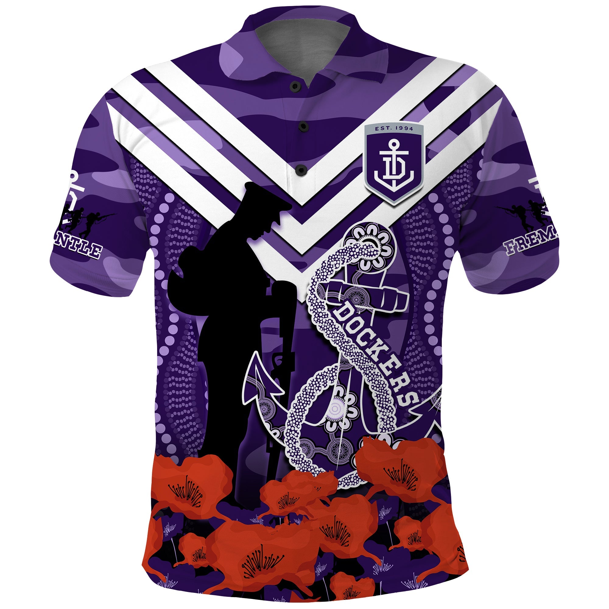 custom-text-and-number-dockers-football-anzac-2023-polo-shirt-aboriginal-mix-poppy-camouflage
